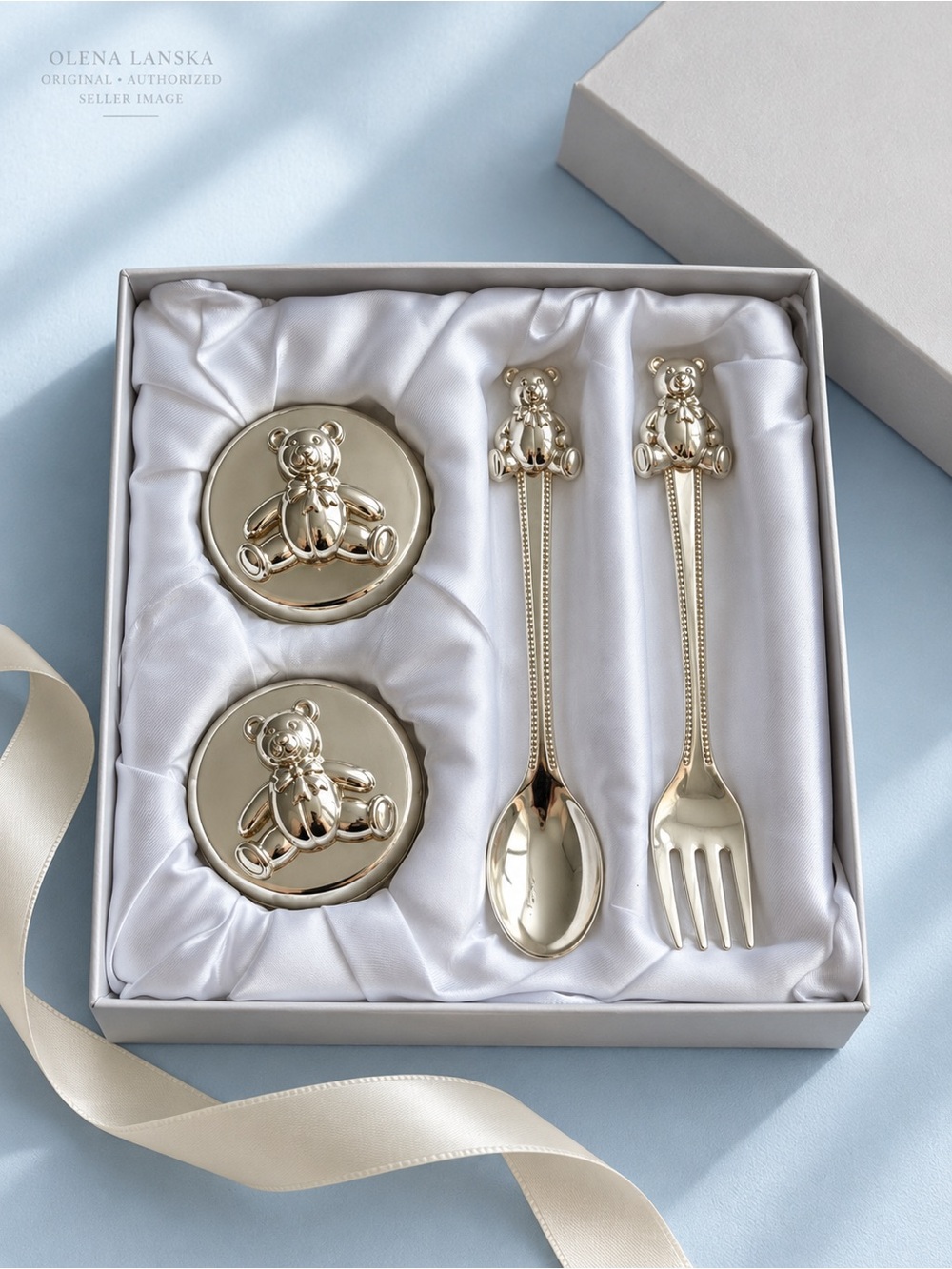The Baby Collection Teddy Bear Keepsake Set Silver Tone First Tooth Box NWT